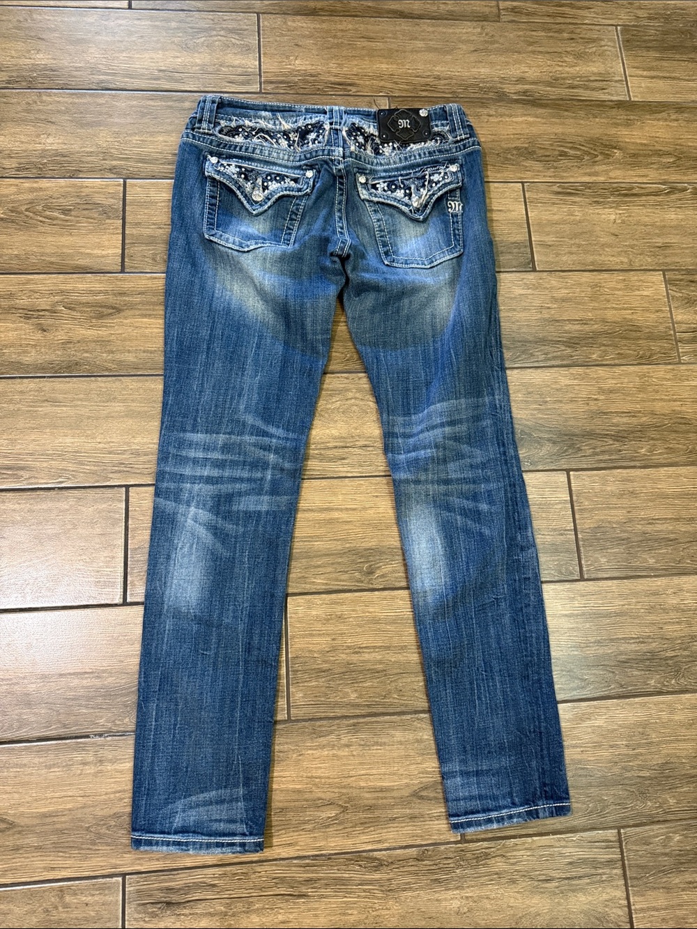 Miss Me Dark Blue Skinny Jeans with Embellished Back Pockets